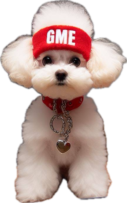 TYLEE stuffed animal design inspiration: a fluffy white pup with a red GME headband and collar, shown without a background