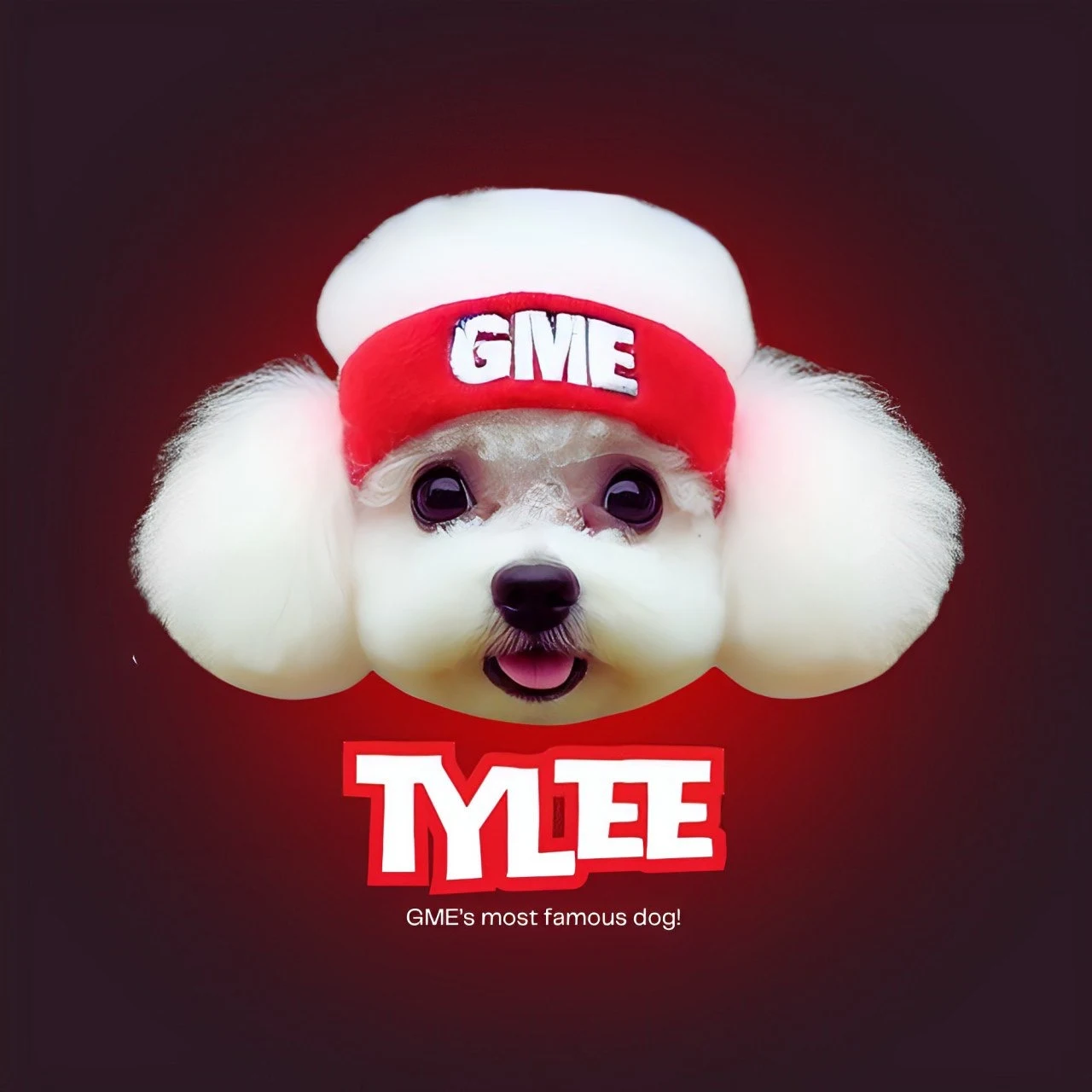 Tylee, a fluffy white pup wearing a red GME headband